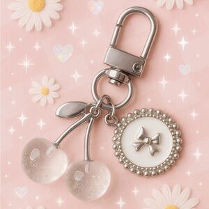 Cute Cherry & Bow Charm Keychain – Clear Resin Cherries + Pearl Bow Medallion